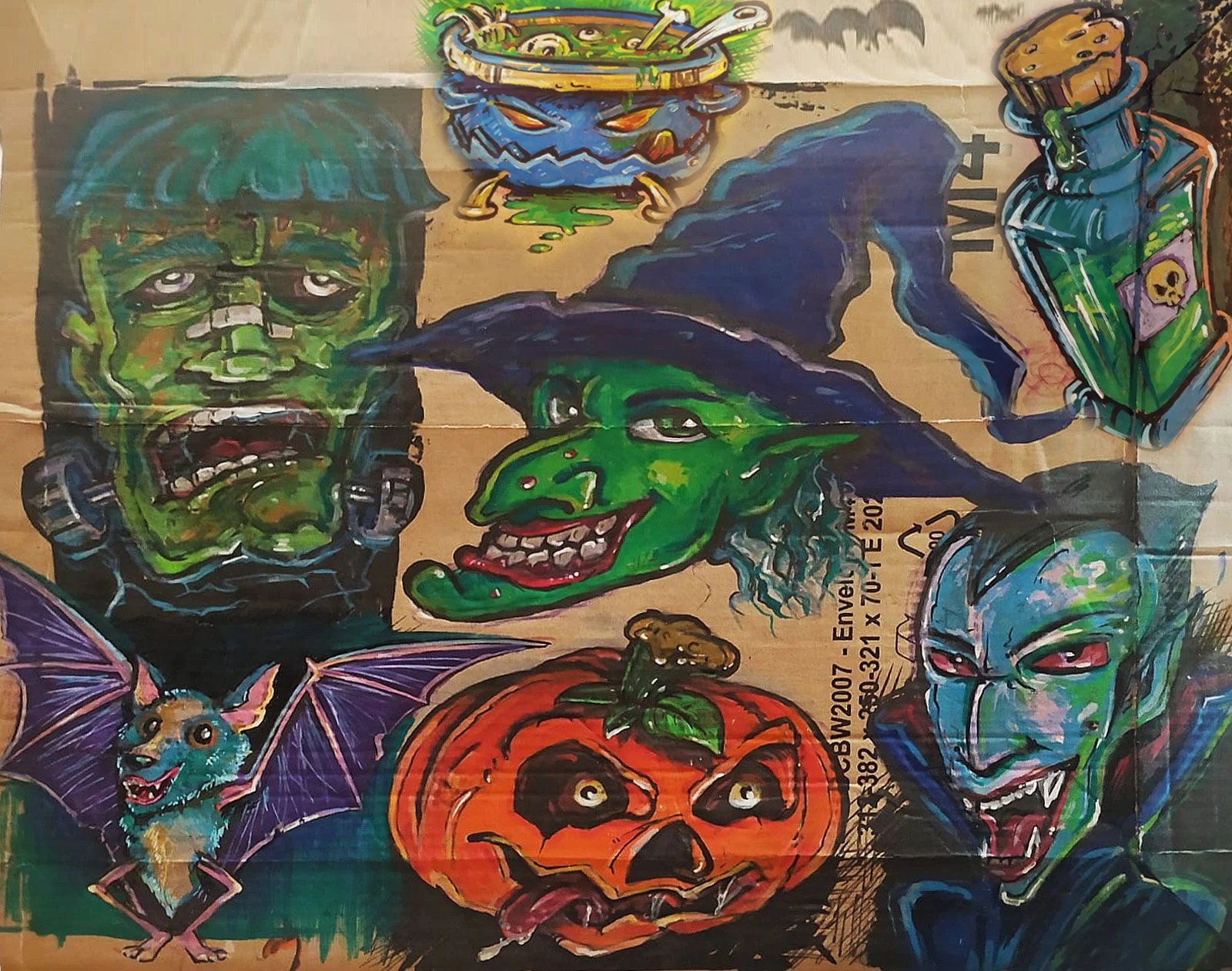 Peinture des personnages du décor Halloween sur le support grand format